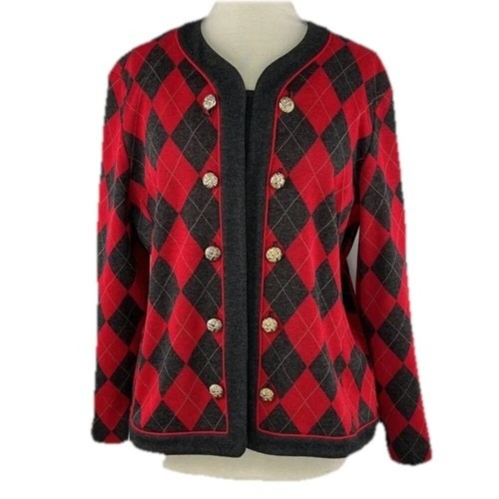 Vintage Stuart Alan Sz 14 Knit Sweater Argyle Knit USA Made Double Breasted Red